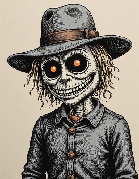 a spooky illustration of a scarecrow, in the style of r0b3rt_crum8