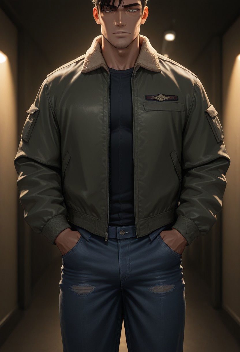 from front,
[正面+キャラ名:99],
1boy,solo,
[品質タグ:99],
masterpiece,perfect quality,best quality,amazing quality,absolutely eye-catching,
[身体特徴:99],
muscle,
[服装:99],
l30mber j4cket,
jacket, pants, denim, 
[﷿ーズと解剖学的詳細:99],
[環境・背景:99],
dynamic lighting,cinematic lighting, professional lighting, 
[追加の品質/スタイルタグ:99],