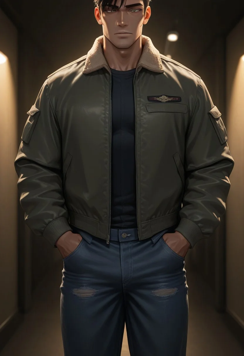 from front,
[正面+キャラ名:99],
1boy,solo,
[品質タグ:99],
masterpiece,perfect quality,best quality,amazing quality,absolutely eye-catching,
[身体特徴:99],
muscle,
[服装:99],
l30mber j4cket,
jacket, pants, denim, 
[﷿ーズと解剖学的詳細:99],
[環境・背景:99],
dynamic lighting,cinematic lighting, professional lighting, 
[追加の品質/スタイルタグ:99],