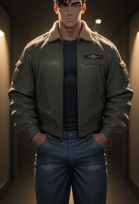 from front,
[正面+キャラ名:99],
1boy,solo,
[品質タグ:99],
masterpiece,perfect quality,best quality,amazing quality,absolutely eye-catching,
[身体特徴:99],
muscle,
[服装:99],
l30mber j4cket,
jacket, pants, denim, 
[﷿ーズと解剖学的詳細:99],
[環境・背景:99],
dynamic lighting,cinematic lighting, professional lighting, 
[追加の品質/スタイルタグ:99],