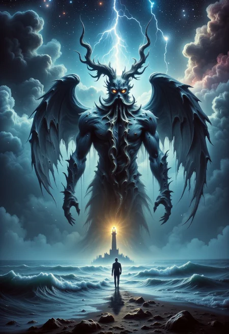 A colossal figure with a kraken head with a large tentacle beard and dark wings strides ominously through a stormy ocean night. A tiny sailor stands frozen on the beach, illuminated by a lighthouse's yellow beam. Lightning splits the sky, revealing a galaxy of stars and a sense of impending terror.