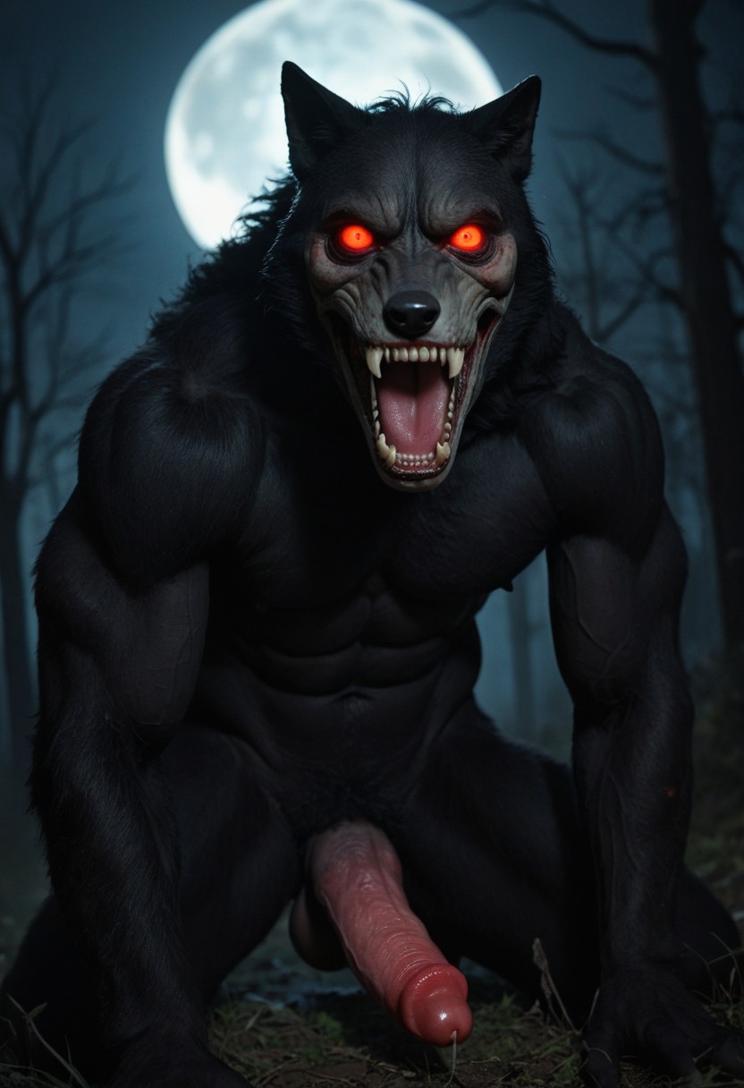 horror movie, still ,anime_source ,black furry, werewolf ,photo ,score_9_up ,score_8_up, score_7_up, action scene ,movie still ,no humans ,open mouth teeth, wolf looking at viewer realistic glowing solo glowing eyes black background horror (theme) animal focus animal sharp teeth white eyes fangs realistic nsfw muscular male muscular penis large pectorals male focus abs nipples pectorals bara best quality masterpiece 4k uncensored prefect lighting rating_explicit horror very aesthetic, black fur, showdow, moon,
