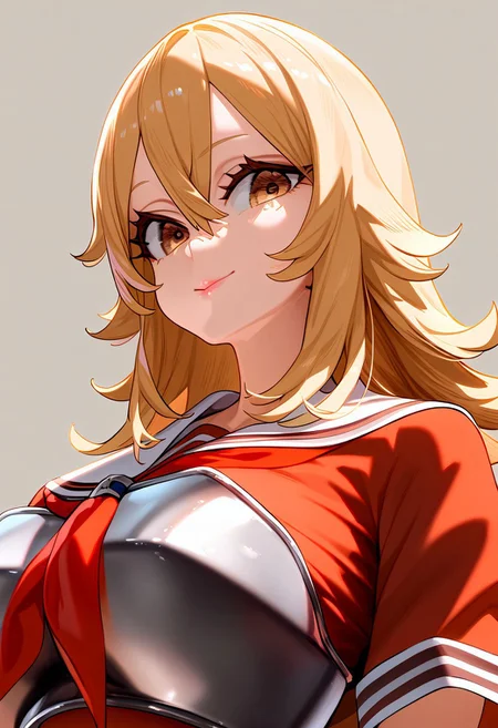 (masterpiece:1.2, best quality), (finely detailed eyes: 1.2) (ultra-detailed, hires), (detailed face, detailed eyes), (best illumination), detailed glow, high contrast, looking at viewer, ((solo)), smile, closed mouth, 1girl, huge breasts, wide hips, thick thighs, centurii-chan, blond hair, brown eyes, hair between eyes, medium hair, fluffy hair, bangs, armor, ((breastplate)), dress, neckerchief, red neckerchief, red dress, short dress, short sleeves, pink lips, skindentation, upper body, no background, empty background, (masterpiece, best quality, very aesthetic, absurdres), (ultra detailed perfect piece:1.2), illustration, masterpiece, (extremely detailed CG 8k), (very fine 8K CG), <lora:add-detail-xl:-1>