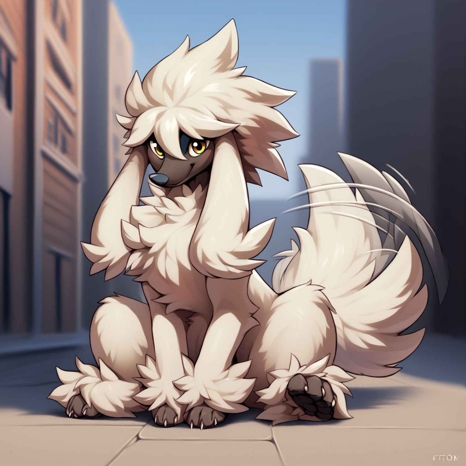 score_9, score_8_up, score_7_up, score_6_up, score_5_up, score_4_up, rating explicit, source furry BREAK
female, solo, feral, furfrou, canine, pokemon \(species\), generation 6 pokemon, yellow eyes, cute expression, looking at viewer, happy, sitting, sitting on ground, city, tailwag, motion lines, long tail, fluffy tail, fluffy, chest tuft, facial tuft, quadruped, 4 toes, toe claws, full-length portrait, detailed background, white body, white fur, black face, <lora:Furfrou_4_PonyXL:1.0>