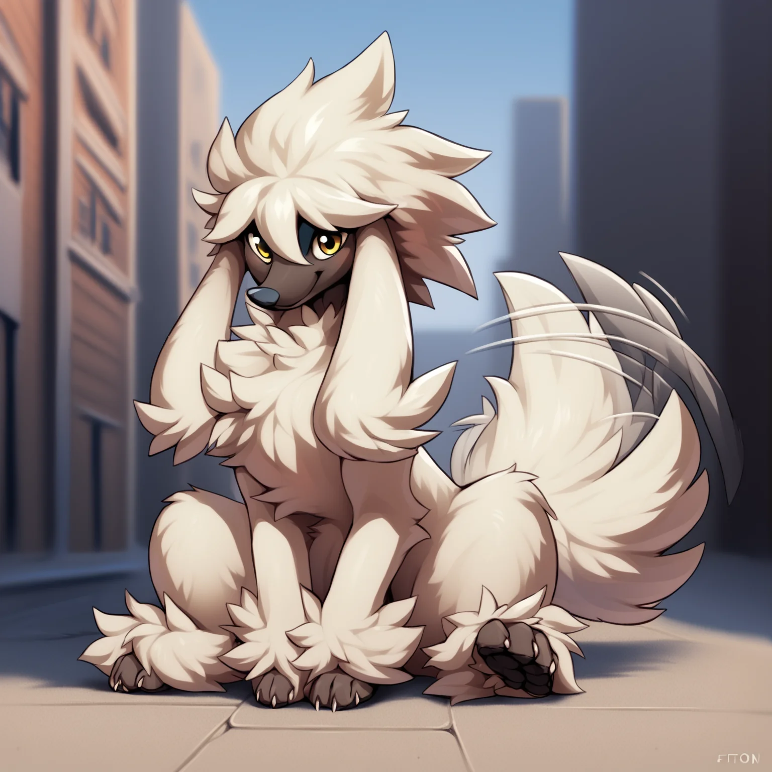 score_9, score_8_up, score_7_up, score_6_up, score_5_up, score_4_up, rating explicit, source furry BREAK
female, solo, feral, furfrou, canine, pokemon \(species\), generation 6 pokemon, yellow eyes, cute expression, looking at viewer, happy, sitting, sitting on ground, city, tailwag, motion lines, long tail, fluffy tail, fluffy, chest tuft, facial tuft, quadruped, 4 toes, toe claws, full-length portrait, detailed background, white body, white fur, black face, <lora:Furfrou_4_PonyXL:1.0>