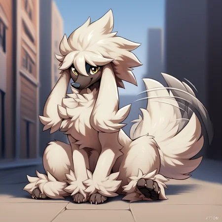 score_9, score_8_up, score_7_up, score_6_up, score_5_up, score_4_up, rating explicit, source furry BREAK
female, solo, feral, furfrou, canine, pokemon \(species\), generation 6 pokemon, yellow eyes, cute expression, looking at viewer, happy, sitting, sitting on ground, city, tailwag, motion lines, long tail, fluffy tail, fluffy, chest tuft, facial tuft, quadruped, 4 toes, toe claws, full-length portrait, detailed background, white body, white fur, black face, <lora:Furfrou_4_PonyXL:1.0>