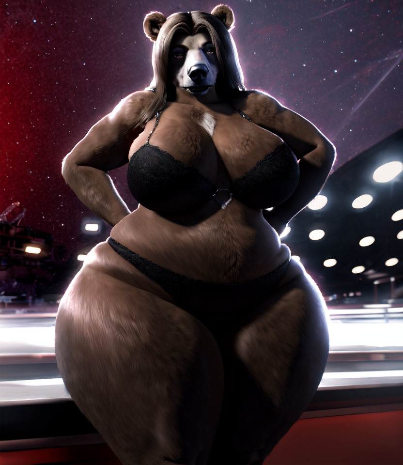 female bear, milf, long hair, hyper hips, hi res, <lora:Inflation06FluffyRock:0.8>
