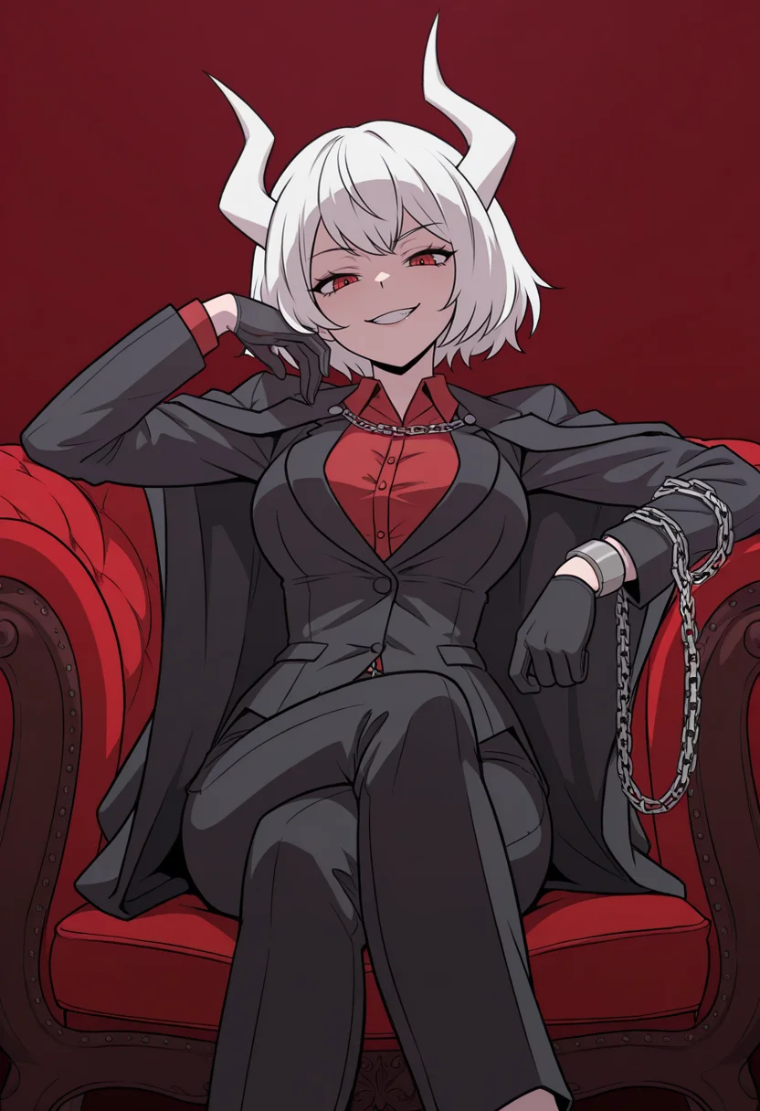 masterpiece, good quality, best quality, very awa, very as2, absurdres, highres, CCMephisto, 1girl, horns, solo, smile, short hair, demon girl, white hair, demon horns, white horns, red eyes, formal, black jacket, red shirt, black gloves, chains around arms, 4 horns, grin, smug, dynamic pose, sitting, arms up,
