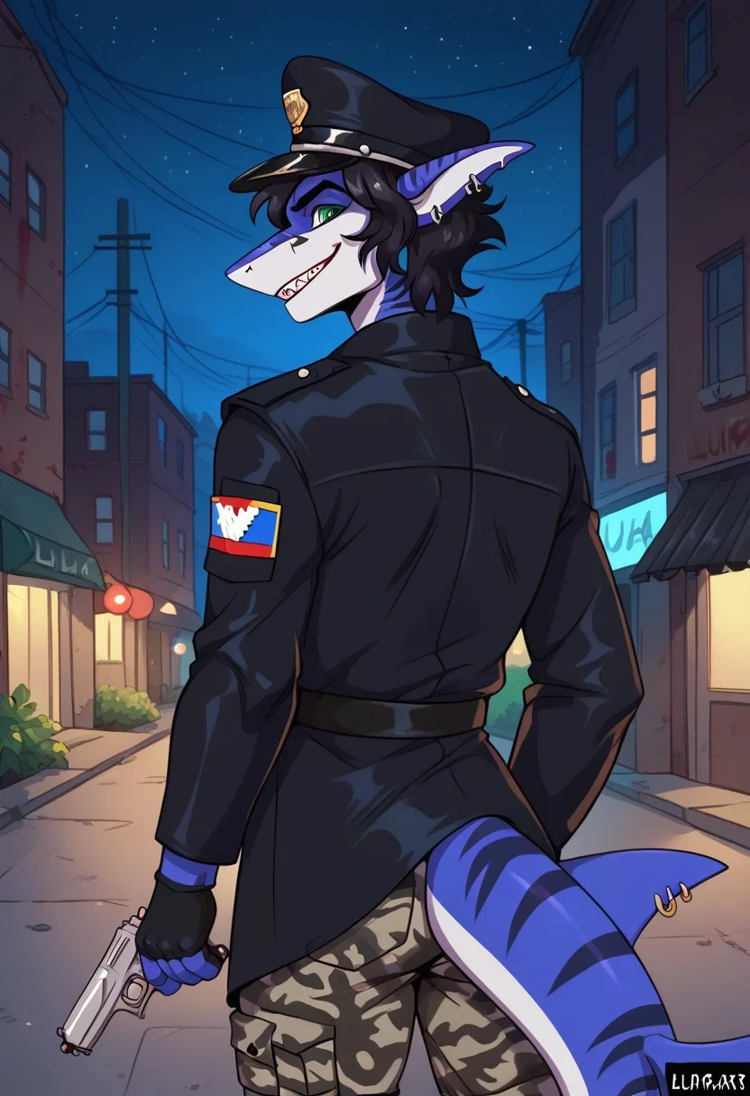 ziffir_stylepxl, score_9, score_8_up, score_7_up, 1boy, solo, lunarsunxl, anthro shark,dark blue skin, stripes on the body, short hair,lush hair,black hair, green eyes, shark tail, ear piercing, BREAK, black officer's cap of the USSR soldiers, long black leather raincoat, black fingerless gloves, camouflage pants, rear view turns to the viewer, predatory gaze, crazy eyes, wide smile, shark teeth, bloody face, holding a mauser pistol, background night alley of the city, night, dark atmosphere, horror