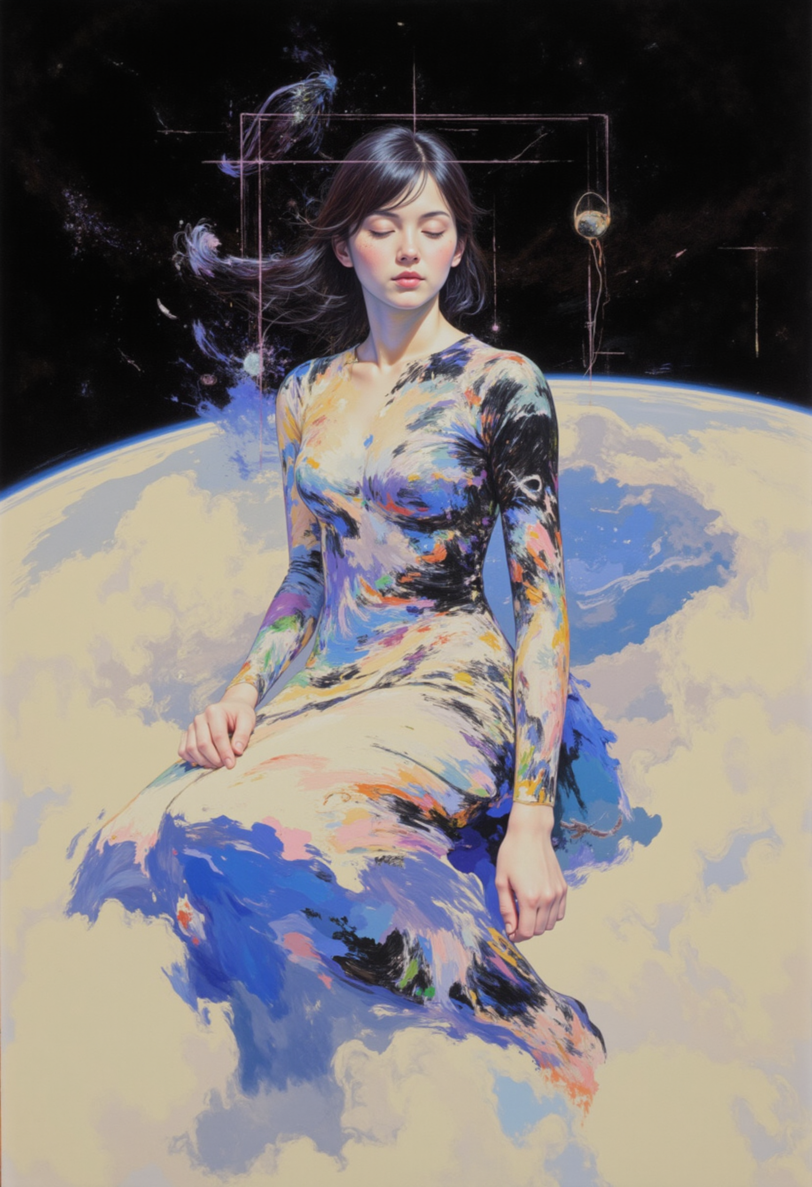 FFAIM, DB4RZ,  a minuscule  geometric glitched sleeping adult  woman god being slowly rising from the surface of the planet through the athmosphere to the outer space, halo, dynamic pose,  symmetrical object orbiting the clouds, Anime-esque, stylized, two tone art, scratchy, scribbled art style, edgy art style, dark, monochrome, dramatic angle, masterpiece, perfect
