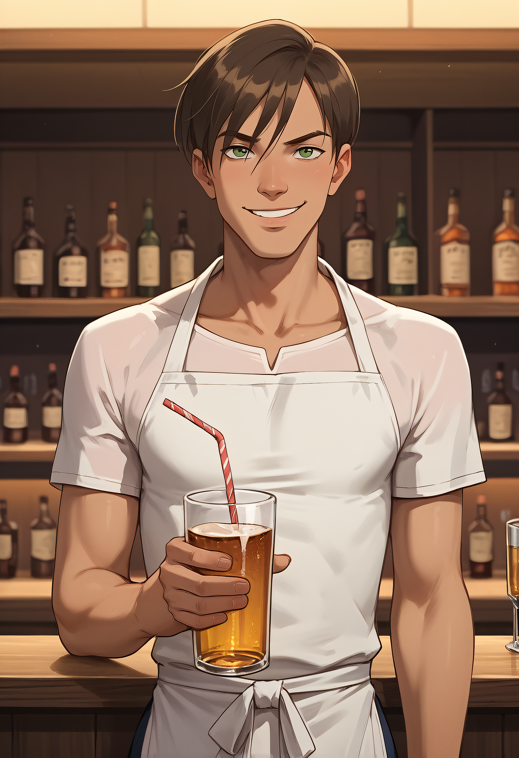 embedding:Pony\Positive\zPDXL3, score_9, score_8_up, score_7_up, 1boy, david_ts!, brown hair, straight hair, green eyes, tanned skin, slim body, white shirt, short sleeves, apron, bar, liquor, cabinet, counter, serving drinks, drinking straws, drinking glasses, smirk, look at viewer, best quality, high resolution, masterpiece.