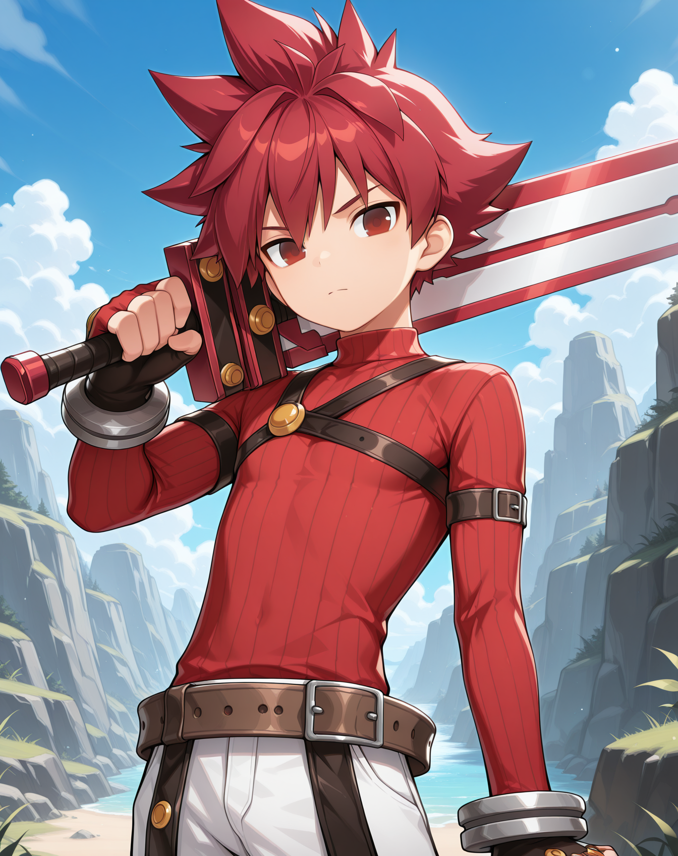 masterpiece, amazing quality, best quality, absurdres, very aesthetic,
1boy, solo, yaoi, male focus, cowboy shot, upper body, looking at viewer, face focus,
<lora:Elsword_Base_ilxl:1>  elswordbase, red eyes, spiked hair, red hair,
ribbed sweater, white pants, fingerless gloves, belt, red shirt,
holding sword, holding weapon, sword over shoulder, weapon over shoulder, left-handed,
outdoors, day, blue sky,