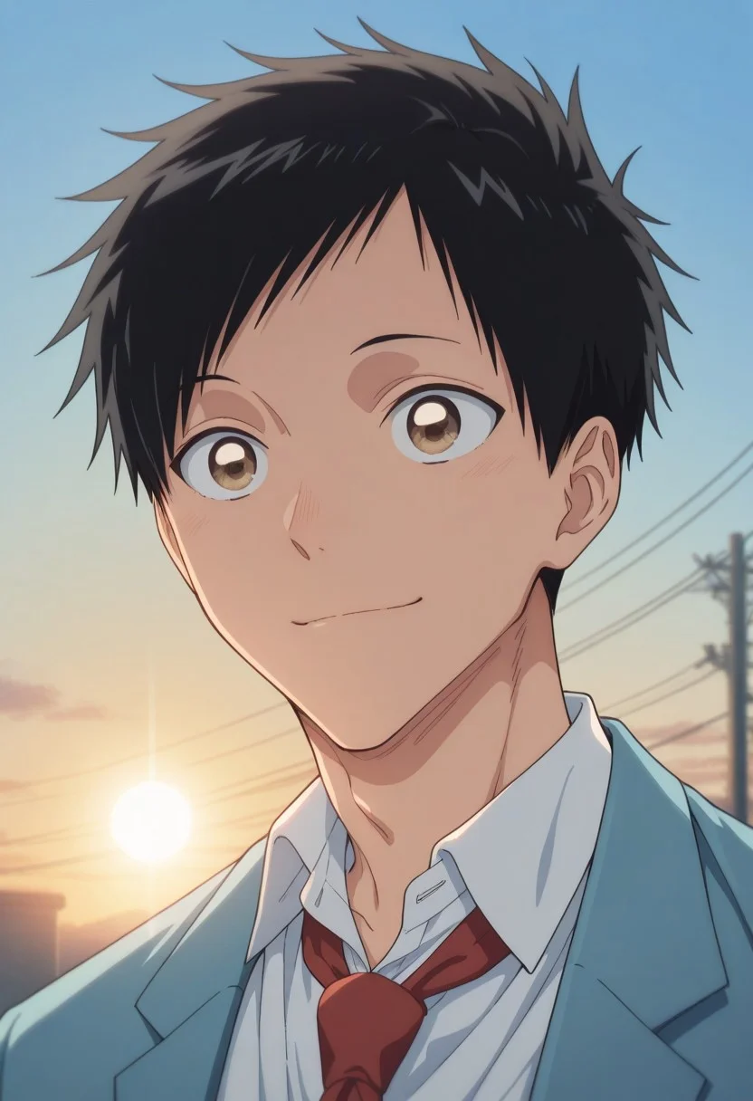 masterpiece,best quality,amazing quality,
taikinomata, 1boy, male focus, solo, brown eyes, black hair, short hair, school uniform, shirt, white shirt, collared shirt, necktie, red necktie, jacket, blazer, blue jacket, portrait, smile, outdoor, sun, sky,
