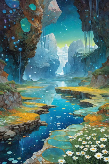 Landscape,Landscape creator,A Crack in Realityto other world, A lagoon holding liquefied starlight tide pools birthing translucent amoeba-cities, nebula nursery birthing infant stars, Infestations of corrupted daisies rewriting local physics, glaciers melting upward into floating archipelagos, petals of solidified mist falling, Art painting by Kim Jung Gi and Fiona Staples and Alex Ross, featured on Gustav Klimt,,
<lora:extremely_detailed:0.7> extremely detailed ,
<lora:add-detail-xl:0.7>,
<lora:softdigital2x2:0.15>,
<lora:EpicF4nta5yXL:0.3>,, Magic realism painting art style, surreal compositions, vibrant colors, blurs the line between reality and fantasy
