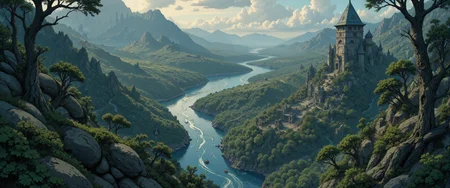 Aerial perspective, sweeping high-altitude view, surreal landscape with ancient arcane ruins emerging from a lush, verdant forest and intertwined serpentine river, ethereal coastal mist, dramatic twilight ambiance, intricate textures, expansive composition, cinematic framing, advanced quality enhancers 8k and masterpiece detail, detailed atmospheric elements, shimmering water reflections, evocative color palette, spatial dynamics, monumental ruins juxtaposed with natural beauty, dynamic geometric forms, layered depth, hyperrealistic and evocative scenery <lora:FluxFantasyDetailerV2:0.5> <lora:MushyFunk:0.8> <lora:ç»ªå¿ CG飿»¤éFLUX:0.3> <lora:NeonFantasyPrimeFLUX-000049:0.2> <lora:Ganin_II:0.7> <lora:flux_dev:1>