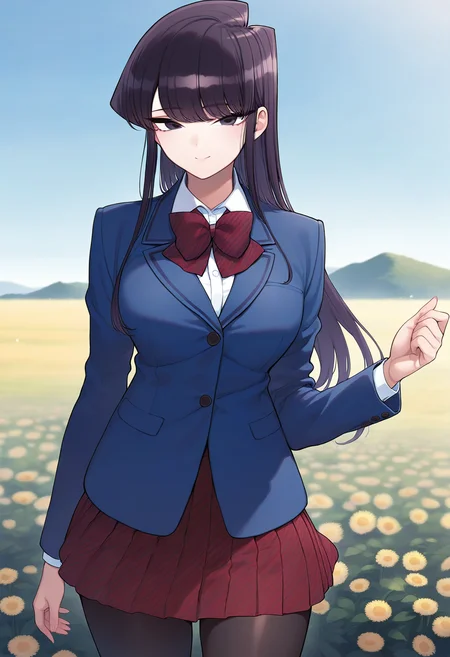 smile, cowboy shot,
komi_shouko, black eyes, black hair, long hair, school uniform, red bowtie, blue jacket, blazer, long sleeves, striped, pleated skirt, red skirt, black pantyhose, <lora:komi_shouko_illustrious_ver1:0.8>, masterpiece, best quality, sensitive,, 1girl, solo, (field:1.2), (blue sky:1.2),