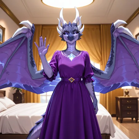 1girl, highres, absurdres, newest, masterpiece, best quality, furry, furry_female, raszageth_wc, dragon, scales, wings, horns, tail, wyvern, purple sclera, glowing eyes, hands, 1girl, anthro, (purple dress, modest dress, standing, waving), smile, seductive smile,, luxurious detailed room, bright room, day scene, professional lighting, white bed, solo, bedroom, smiling, seductive, looking_at_viewer, masterpiece, close up, safe