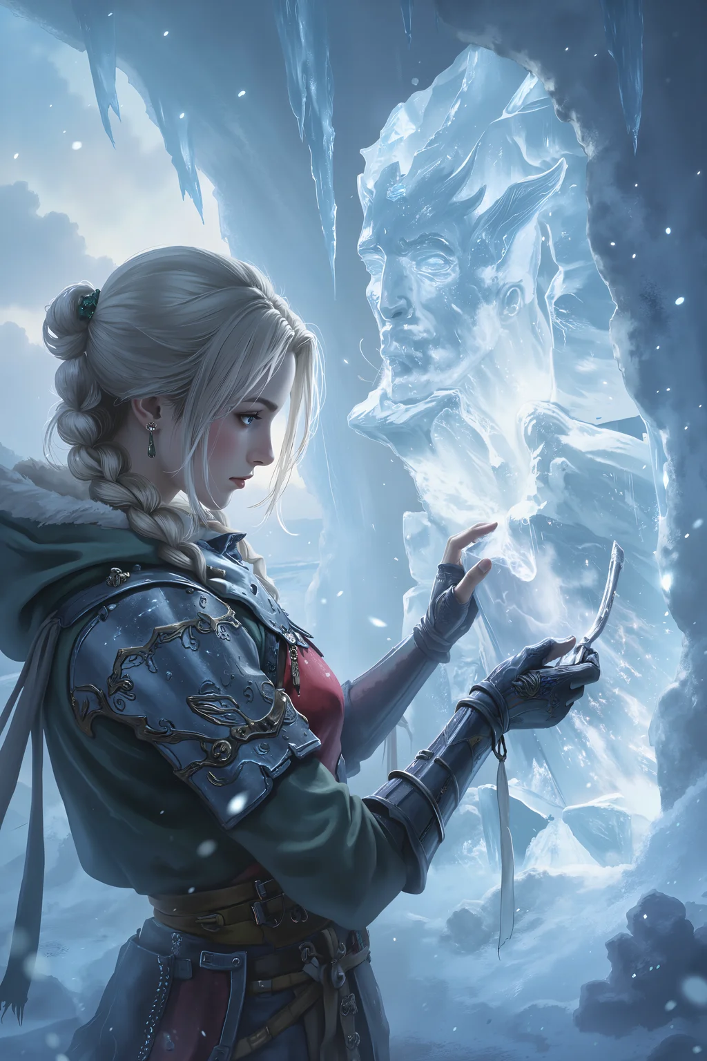 A Russian woman with platinum blonde hair tied in a sleek braid carves into a massive block of ice with expert precision, an intricate sculpture taking shape beneath her gloved hands. Her cold blue eyes remain locked on her work, her silver and black and red and green attire a stark contrast against the blinding white of the snowy landscape around her. The frozen lake behind her stretches endlessly into the distance, reflecting the soft glow of the aurora borealis as tiny flecks of ice shimmer in the air around her.<lora:XRSTYLE_FLUX:0.5><lora:black_fantasy_1.0:0.5><lora:FluxDFaeTasticDetails:0.7>