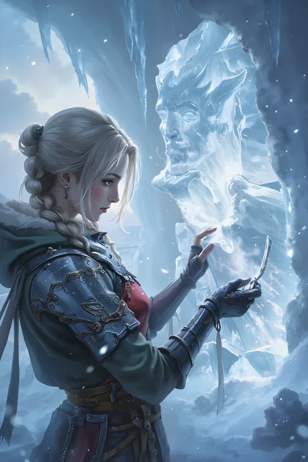 A Russian woman with platinum blonde hair tied in a sleek braid carves into a massive block of ice with expert precision, an intricate sculpture taking shape beneath her gloved hands. Her cold blue eyes remain locked on her work, her silver and black and red and green attire a stark contrast against the blinding white of the snowy landscape around her. The frozen lake behind her stretches endlessly into the distance, reflecting the soft glow of the aurora borealis as tiny flecks of ice shimmer in the air around her.<lora:XRSTYLE_FLUX:0.5><lora:black_fantasy_1.0:0.5><lora:FluxDFaeTasticDetails:0.7>