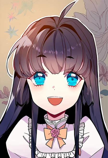 score_9,score_8_up,score_7_up,source_anime,zPDXL3,
*//*,<lora:BlancheFreidkin_v1.0:1.1>,blanche_freidkin1girl,blue eyes,black hair,long hair,hair intakes,ahoge,white dress,frilled dress,bow,
*//*,upper body,smile,open mouth,