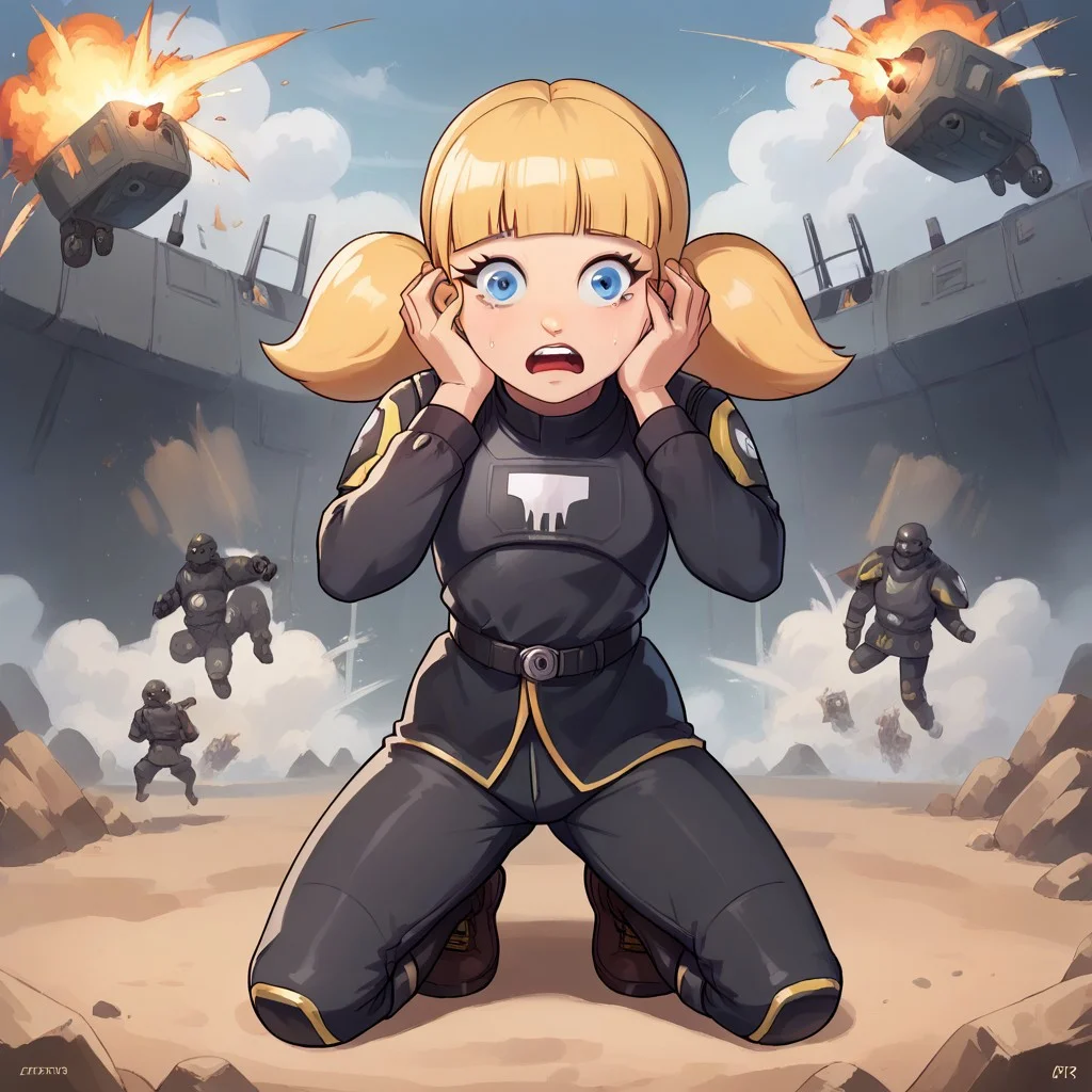 score_8, score_8_up, score_7_up, score_6_up, source_cartoon BREAK, 1girl, solo, female focus, 1girl, penny_ig, blonde hair, twintails, blue eyes, looking at viewer, scared, hands on own head, Helldiver_Helldivers, alien planet background, blasted battlefield background, craters, explosion, full body