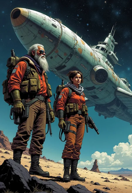 comic book art, portrait of  a pair of space explorers, one explorer is a rugged veteran with long beard and eye patch, the other is his short younger quirky female partner,  (A massive, ancient spaceship floating derelict in deep space.), retro sci-fi style, dynamic lighting, digital art, cinematic shot, fantastically beautiful, illustration, aesthetically inspired by classic sci-fi movies, by Paul Lehr by Jon Whitcomb, samdoesart, dreamlikeart.