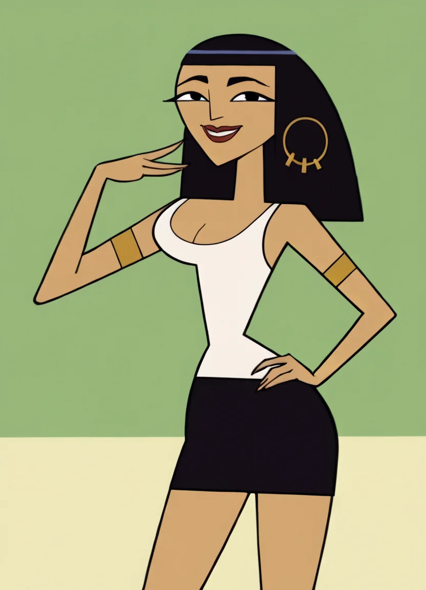 <lora:CleoCHPony1.0:1> cleo, 1girl, solo, hoop earrings, cleavage, long hair, white tank top, black eyes, black skirt, lipstick, smile, armlet, bangs, score_9, score_8_up, score_7_up, score_6_up, score_5_up, score_4_up, looking at viewer, hand on own hip, cowboy shot,