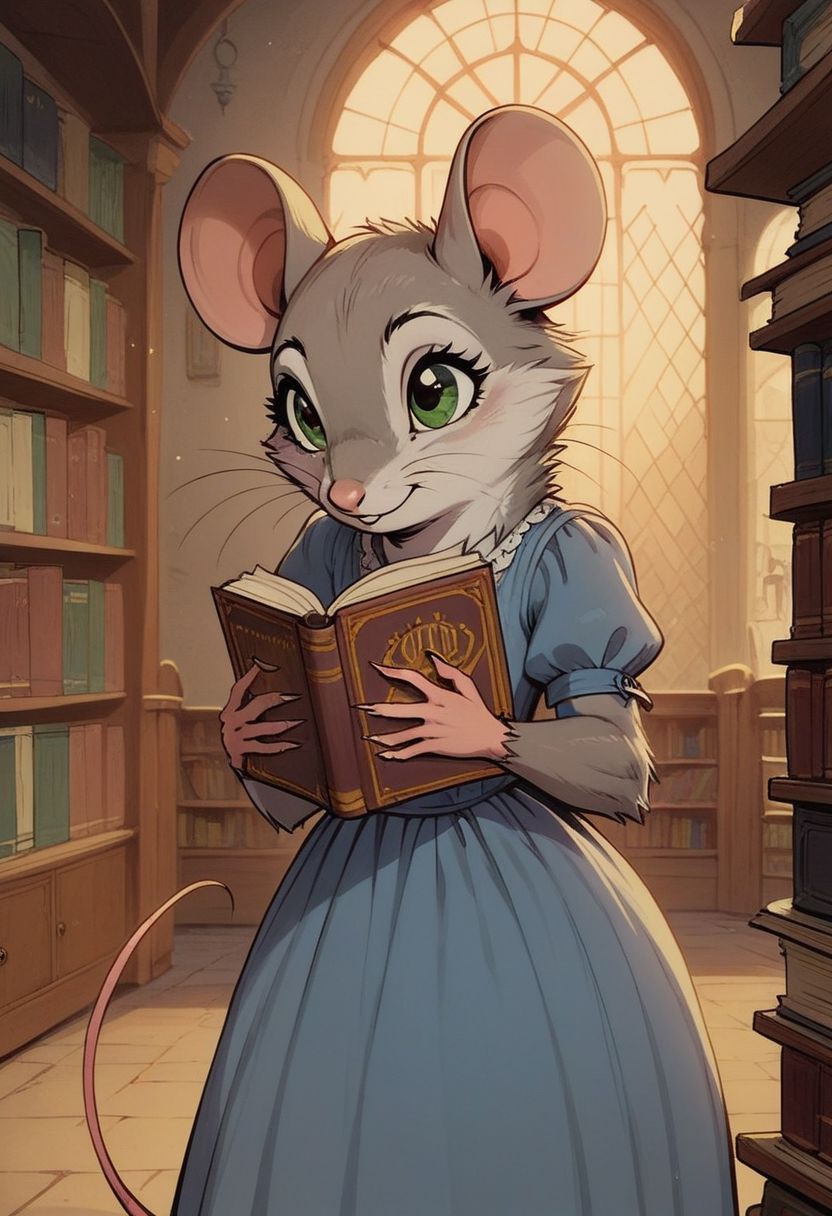 score_9, score_8_up, score_8, solo, (fluffy:0.7), feral, (feral), ((indoors)), (((mouse))), female, greenish eyes, (blue-grey fur), white fur, grey ears, claws, (fluffy cheeks:0.5), (simple blue dress), in the style of beatrix potter, (cartoon style) fca style, cel-shading, village, (upper body shot), (cute), carry closed book, solo, (solo:1.5), library