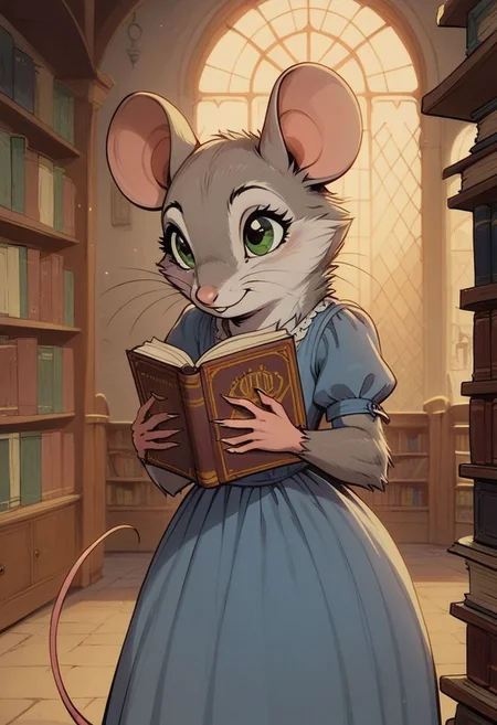 score_9, score_8_up, score_8, solo, (fluffy:0.7), feral, (feral), ((indoors)), (((mouse))), female, greenish eyes, (blue-grey fur), white fur, grey ears, claws, (fluffy cheeks:0.5), (simple blue dress), in the style of beatrix potter, (cartoon style) fca style, cel-shading, village, (upper body shot), (cute), carry closed book, solo, (solo:1.5), library