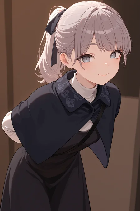 masterpiece, best quality, absurdres, safe
1girl, lapwing, grey hair, grey eyes, ponytail, hair ribbon,
black capelet, black dress, strap, turtleneck, white sleeves,
smile, looking at viewer, closed mouth,
leaning forward, arms behind back
<lora:lapwing_il_2_d16:1>