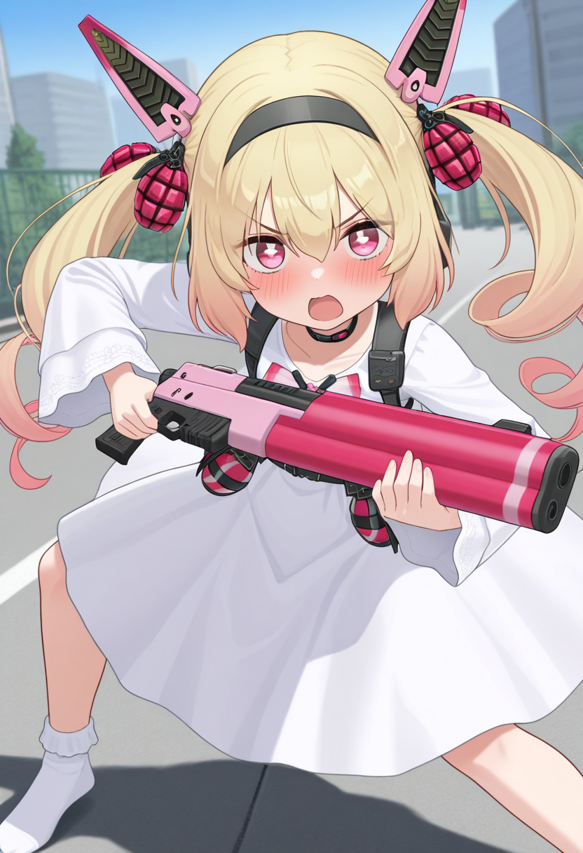 ikinone_tomeru, blonde hair, twintails, hairband, multicolored hair, black hairband, hair ribbon, pink eyes, long hair, gradient hair, headgear, hair between eyes ,drill hair, mechanical ears, white square pupils,
choker, white dress,ong sleeves, grenade, bow, ribbon, official alternate costume, white socks, no shoes,
holding pink weapon,
<lora:ikinone_tomeru_Illustrious-XL_2.0_v1:1>,, IllusP0s,masterpiece, best quality, amazing quality, very aesthetic, absurdres, newest
solo,1girl,, standing, (dynamic pose,fighting stance), open mouth, blush, v-shaped eyebrows, 
looking at viewer,(upper body, close-up),
(outdoors, )