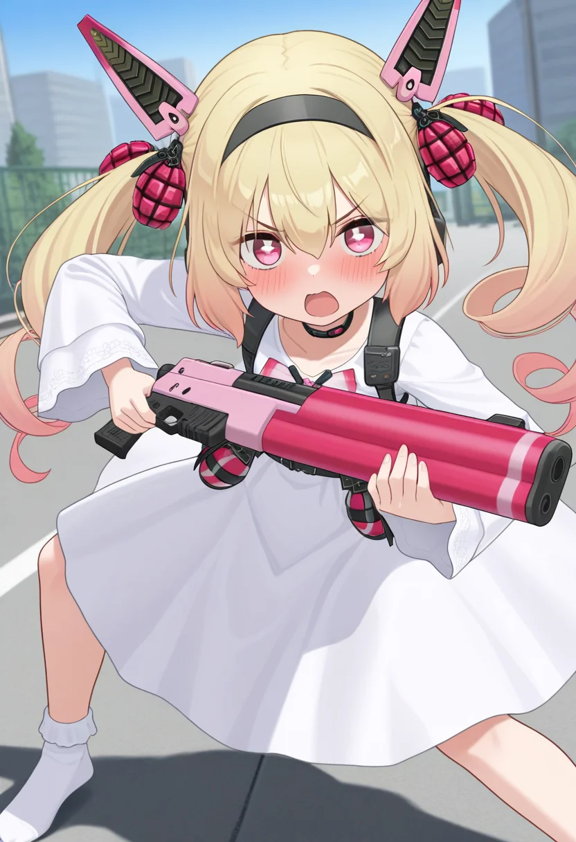 ikinone_tomeru, blonde hair, twintails, hairband, multicolored hair, black hairband, hair ribbon, pink eyes, long hair, gradient hair, headgear, hair between eyes ,drill hair, mechanical ears, white square pupils,
choker, white dress,ong sleeves, grenade, bow, ribbon, official alternate costume, white socks, no shoes,
holding pink weapon,
<lora:ikinone_tomeru_Illustrious-XL_2.0_v1:1>,, IllusP0s,masterpiece, best quality, amazing quality, very aesthetic, absurdres, newest
solo,1girl,, standing, (dynamic pose,fighting stance), open mouth, blush, v-shaped eyebrows,
looking at viewer,(upper body, close-up),
(outdoors, )