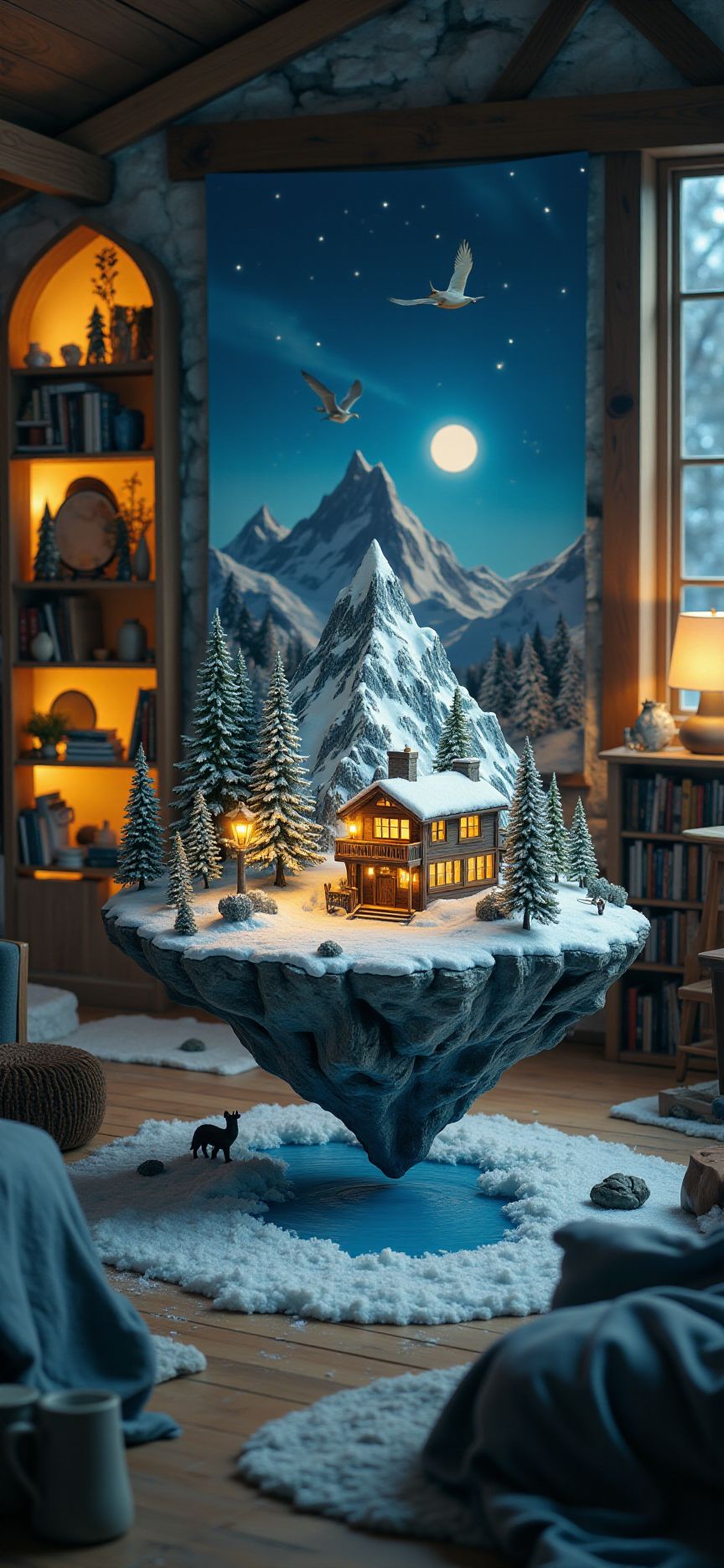 (indoor,very wide isometric view,tilt-shift lens:1.6), (windowless,fna_style,miniature,miniature,diorama,miniature,diorama,PVC,plastic:2),starry night snow,forest,resort with ski,mountain  at (floating island,levitating  island:1.5) on (table:2) at (attic:2.5)   <lora:Diorama_Flux:1>
<lora:Fantasy_Novel_Art_Style:1>
