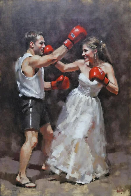 marklague1 painting.
A man and a woman, wearing red gloves, boxing at a wedding. <lora:marklague1_cap_d8a4e12:1.0><lora:855128005008164371:0>