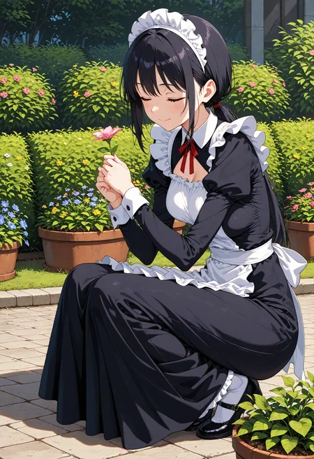 1girl, black hair, long hair, low ponytail, green eyes, medium breasts, (slim, small hips:1.3),
maid, (maid heddress:1.3), long dress, 
smile, closed eyes, 
squatting, lookind down, flower planter, full body, touching flower,
outdoors, garden, 
sensitive, masterpiece, best quality, very aesthetic, absurdres, anime coloring,, <lora:dmd2_sdxl_4step:1>
