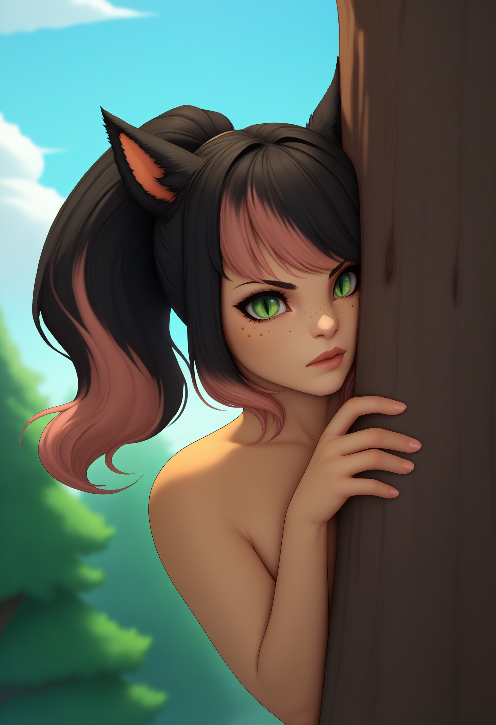 score_9, score_8_up, score_7_up BREAK peeking out, upper body, behind tree, solo, 1girl, xivmc, cat girl, animal ears, two-tone hair, green eyes, slit pupils, freckles, tail, outdoors, tree <lora:clamXIVMC_locon-000001:1> <lora:PeekingOut_pdxl_Incrs_v1:1>