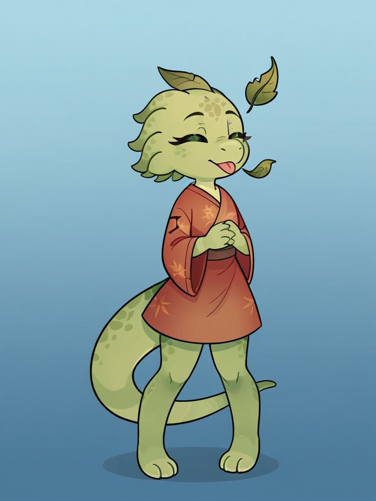 score_9_up, score_8_up, rating_safe, furry female, solo, scalie, lihzahrd_\(terraria\), green body, leaf clothing, tongue out, silly, closed eyes, full body, front, gradient background, blue background, red background, <lora:Lihahrd-000009:0.7>