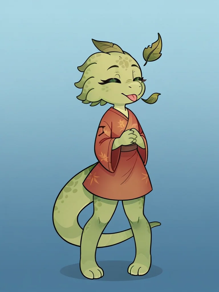 score_9_up, score_8_up, rating_safe, furry female, solo, scalie, lihzahrd_\(terraria\), green body, leaf clothing, tongue out, silly, closed eyes, full body, front, gradient background, blue background, red background, <lora:Lihahrd-000009:0.7>