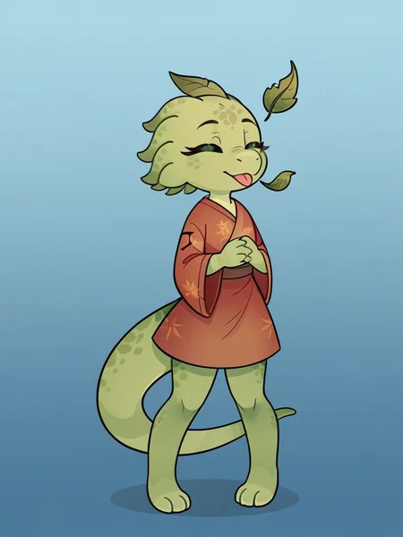 score_9_up, score_8_up, rating_safe, furry female, solo, scalie, lihzahrd_\(terraria\), green body, leaf clothing, tongue out, silly, closed eyes, full body, front, gradient background, blue background, red background, <lora:Lihahrd-000009:0.7>