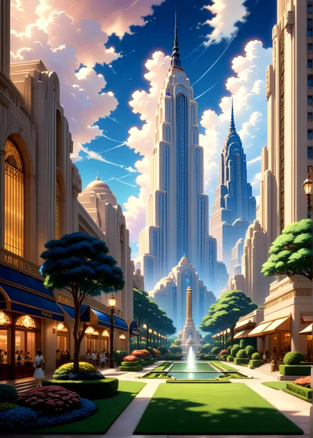 score_9, score_8_up, score_7_up,
<lora:Art_Deco_(Architecture)_(SDXL)_(AD):0.8> Art Deco, scenery, architecture, monumental architecture, building, city, cityscape,
8K, In'ei, chiaroscuro, rim lighting, perfect depth of field shot, beautiful, subsurface scattering, idealized city, wide beautiful boulevards, busy city center, parks and manicured lawn areas, large parks, plazas, detailed fluffy anime clouds, skyscrapers, made out of limestone, art deco windows, photographic realism, soft lighting, soft shading, art by Thomas Kinkade,
BREAK zPDXL, zPDXLxxx, <lora:wowifierXL:0.2> art by mooncryptowow <lora:sdxl_lightning_8step_lora:0.4> <lora:detailed_notrigger:0.5>