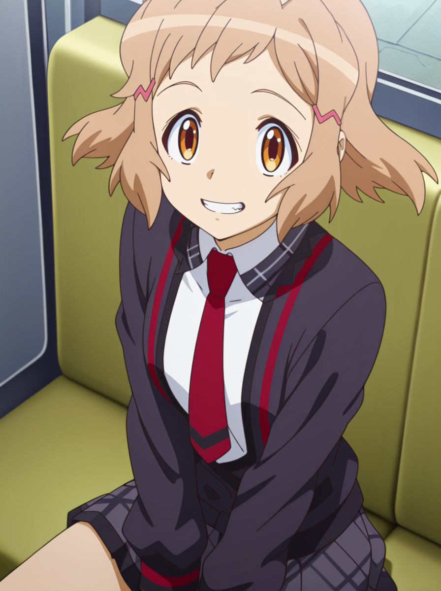 masterpiece, best quality, amazing quality, very aesthetic, absurdres, newest, anime screenshot anime coloring,<lora:TachibanaHibikiSeason1:1>short hair, 1girl, brown hair, solo, season1hibiki, hairclip, lydianschooluniform, necktie pleated skirt,  smile v_sign sitting clenched teeth, looking at viewer,