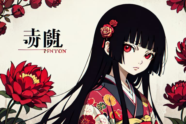 enma ai, hair down, hair black, bangs, eyes red, masterpiece, best quality, ultra-detailed, illustration, 1girl, solo, highres, photorealistic, ultra high res, (Original illustration composition), (fusion of limited color, Maximalism artstyle, kimono obi fashion, double exposure, background, illustration, Amazing, lily spider, night darkness, open one's mouth, flowers red, (polychromatic peony:1.15), Movie poster,