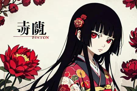 enma ai, hair down, hair black, bangs, eyes red, masterpiece, best quality, ultra-detailed, illustration, 1girl, solo, highres, photorealistic, ultra high res, (Original illustration composition), (fusion of limited color, Maximalism artstyle, kimono obi fashion, double exposure, background, illustration, Amazing, lily spider, night darkness, open one's mouth, flowers red, (polychromatic peony:1.15), Movie poster,