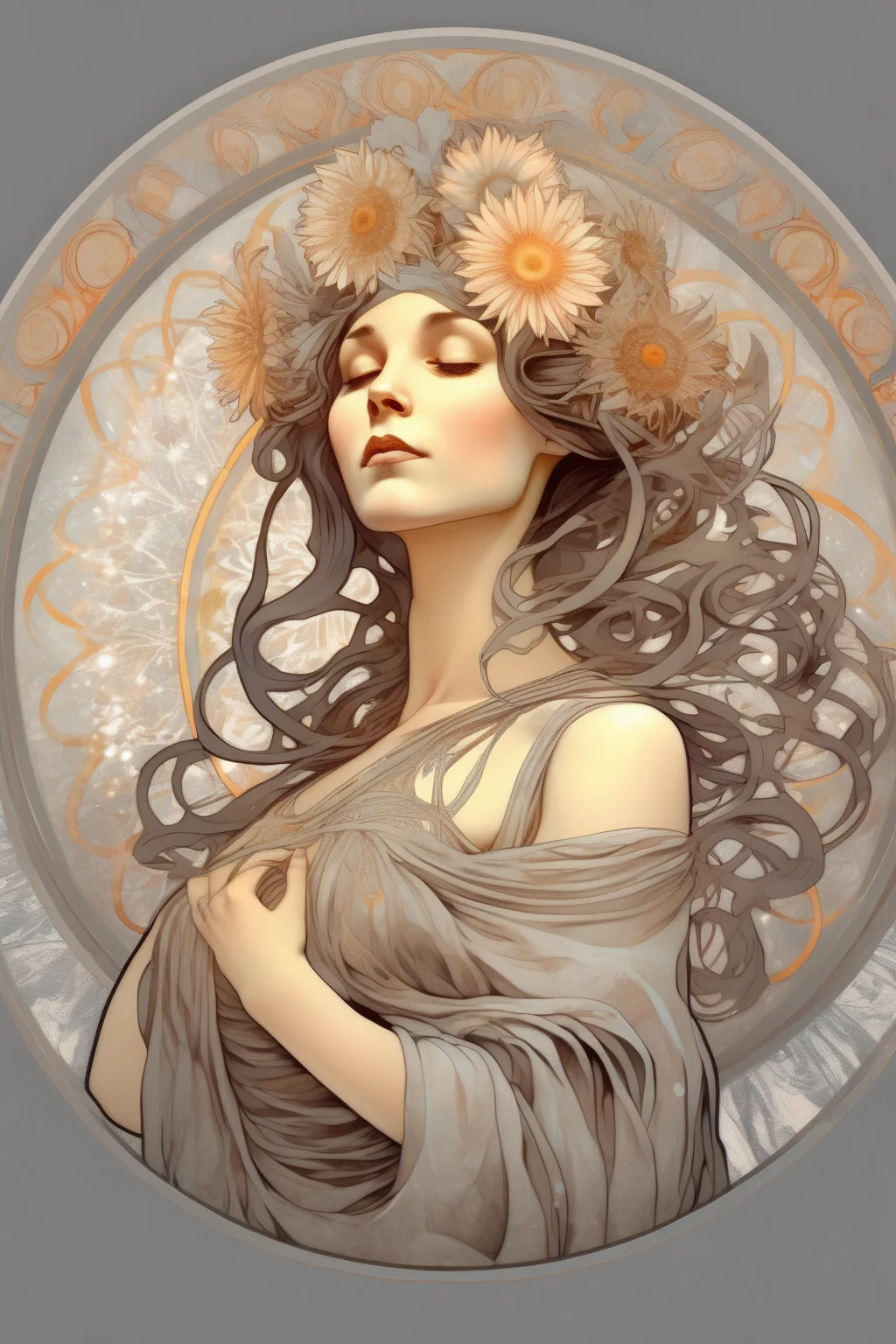 <lora:Alphonse Mucha Style:1>Alphonse Mucha Style - female in the style of Alphonse Mucha enlightened spiritual meditative done in a circular shape in shades of Paynes gray