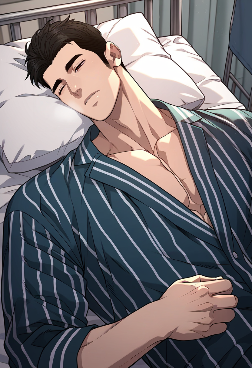 1boy, male focus, solo,
<lora:Character - Questism - Kang Sechan:1> kangsechan, black hair, brown eyes,
,((zPDXL)), score_9_up, score_8_up, score_7_up, score_6_up, score_5_up, score_4_up, best quality, amazing quality, best aesthetic, amazing aesthetic, absurdres, year2023, uncensored, very nsfw, official art, official style, detailed eye,
om bed, hospital bed, hospital, 
sleeping, pajama, lying, closed eyes, striped pajamas, heavy breathing, sick, pectoral cleavage, vertical-striped pants,