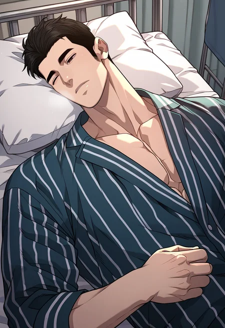 1boy, male focus, solo,
<lora:Character - Questism - Kang Sechan:1> kangsechan, black hair, brown eyes,
,((zPDXL)), score_9_up, score_8_up, score_7_up, score_6_up, score_5_up, score_4_up, best quality, amazing quality, best aesthetic, amazing aesthetic, absurdres, year2023, uncensored, very nsfw, official art, official style, detailed eye,
om bed, hospital bed, hospital,
sleeping, pajama, lying, closed eyes, striped pajamas, heavy breathing, sick, pectoral cleavage, vertical-striped pants,