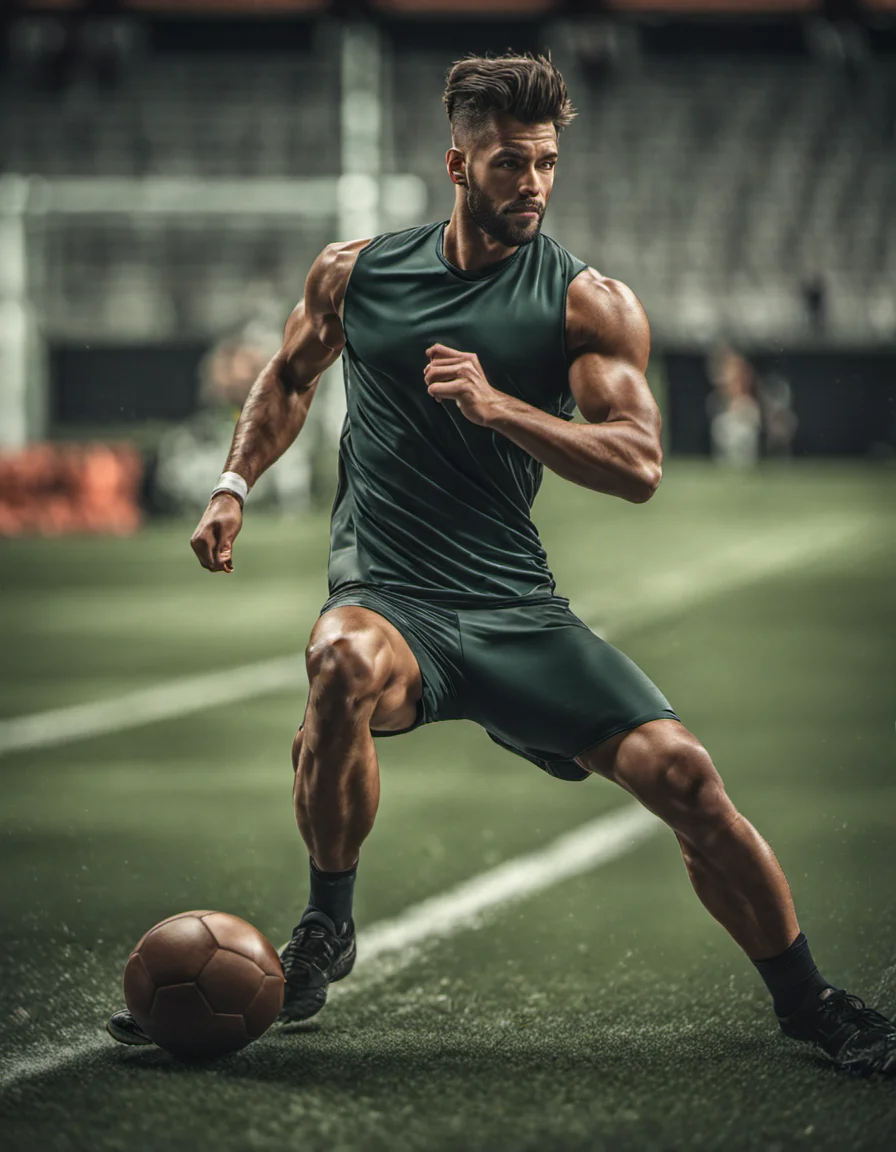 photograph of man 26 year old kicking a football in a stadium, close up, muscular and athletic , skin, 8k, highly detailed, nikon, dslr, hdr, 100-400mm lens, composition, best composition, classic, (blurry:1.2)