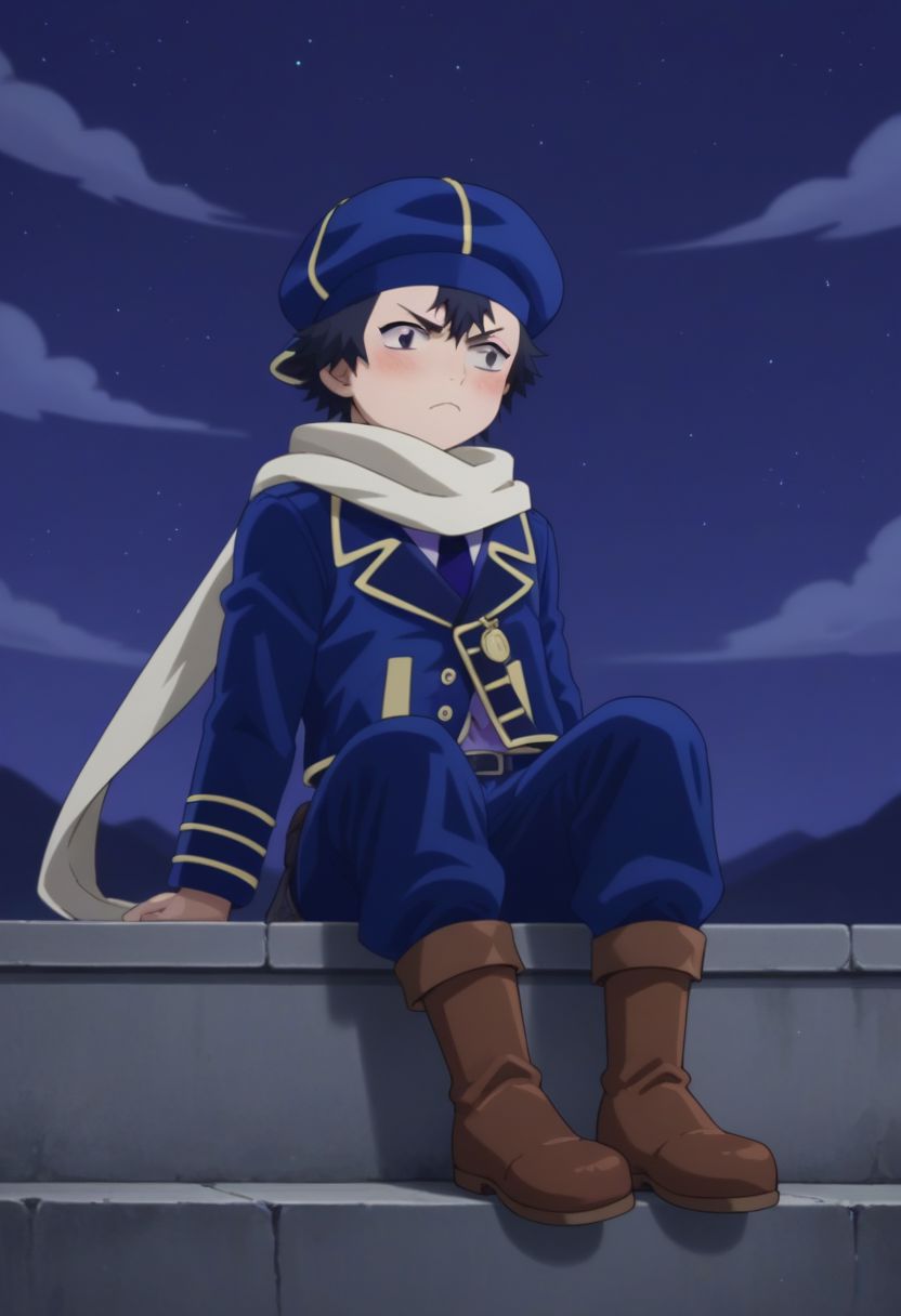 score_9, score_8_up, score_7_up, source_anime, highly detailed, human child,
zazie, 1boy, male_focus, solo, uniform, blue uniform, jacket, pants, soks, boots, hat, scarf, black hair, white scarf, short hair, sit, frown, blush,
outdoor, night sky,