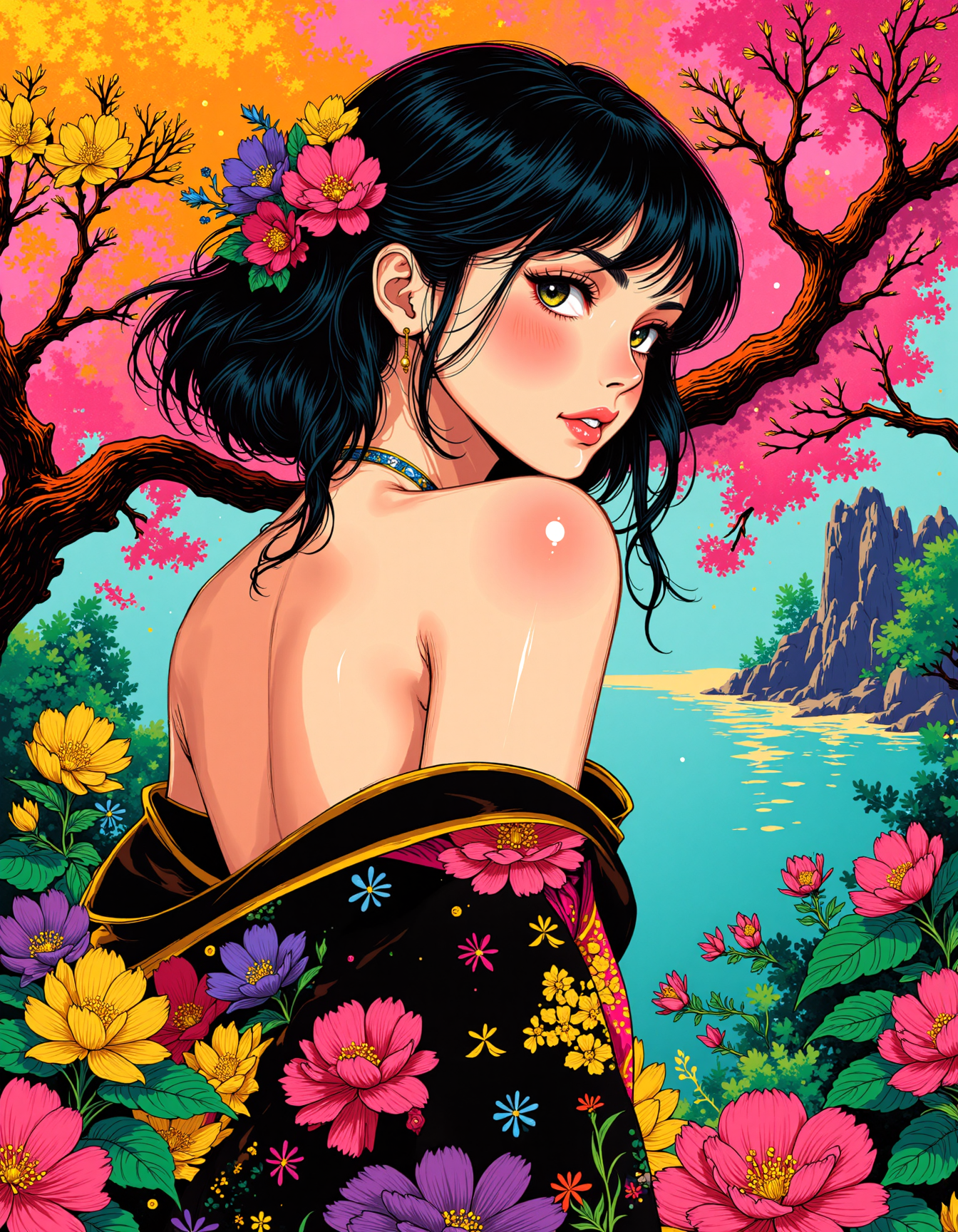Pop art inspired by the vibrant and dynamic styles of Julio Le Parc and Grégoire Guillemin, featuring a colorful and enchanting Oriental girl. She is depicted looking over her shoulder with a graceful and mysterious expression. The scene is set in spring, with lush greenery and blooming flowers creating a harmonious and lively atmosphere. The lighting is dramatic, with a strong side light casting bold shadows and highlighting her features, enhancing the kingcore aesthetic. The background is rich with intricate patterns and textures, blending seamlessly with the pop art style to create a visually striking and immersive piece.