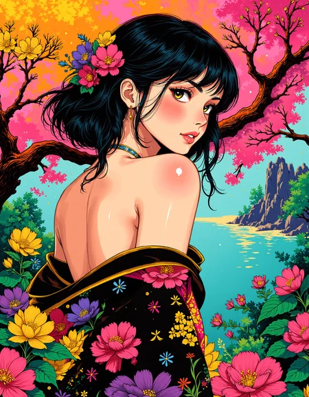 Pop art inspired by the vibrant and dynamic styles of Julio Le Parc and Grégoire Guillemin, featuring a colorful and enchanting Oriental girl. She is depicted looking over her shoulder with a graceful and mysterious expression. The scene is set in spring, with lush greenery and blooming flowers creating a harmonious and lively atmosphere. The lighting is dramatic, with a strong side light casting bold shadows and highlighting her features, enhancing the kingcore aesthetic. The background is rich with intricate patterns and textures, blending seamlessly with the pop art style to create a visually striking and immersive piece.